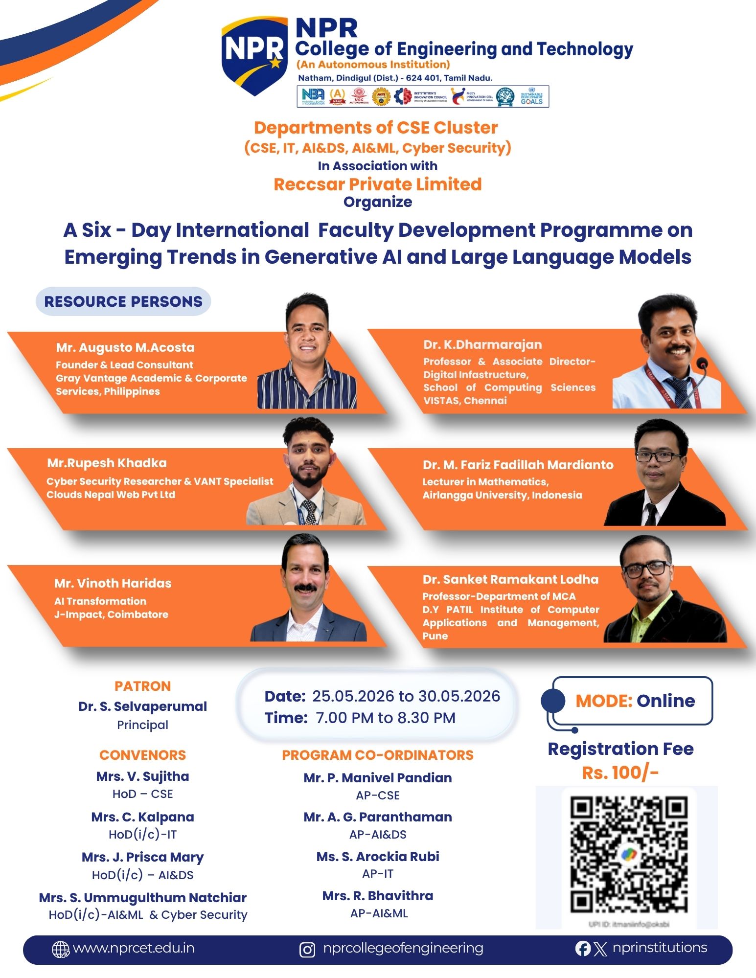 Six-Day International Faculty Development Programme on Emerging Trends in Generative AI & Large Language Models 2026 Faculty Development Program Poster 
